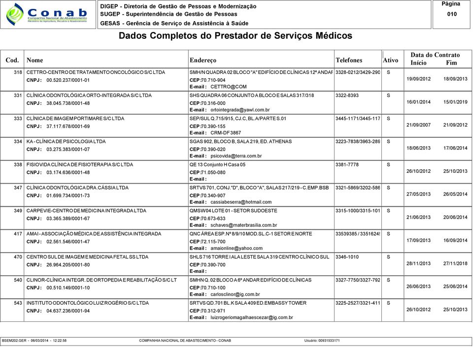 GER - 06/03/2014-12:22:58 QNC ÁREA EP.Nº 8/9/10 MOD.L.C-1 ETOR E NORTE 33539385 / 33516245 HL 716 TORRE I ALA LETE ALA 319 CENTRO CLÍNICO UL MHN Q. 02 BLOCO A 6º ANDAR EDIFÍCIO DE CLÍNICA RTV QD.