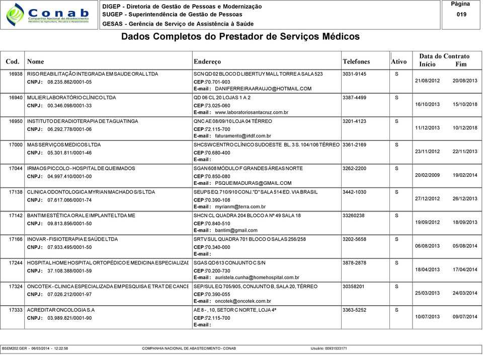 856/0001-50 17166 INOVAR - FIIOTERAPIA E AÚDE LTDA 07.933.495/0001-50 3262-2200 HCN CL QUADRA 204 BLOCO A Nº 49 ALA 18 33260238 3202-5658 37.108.388/0001-59 07.026.