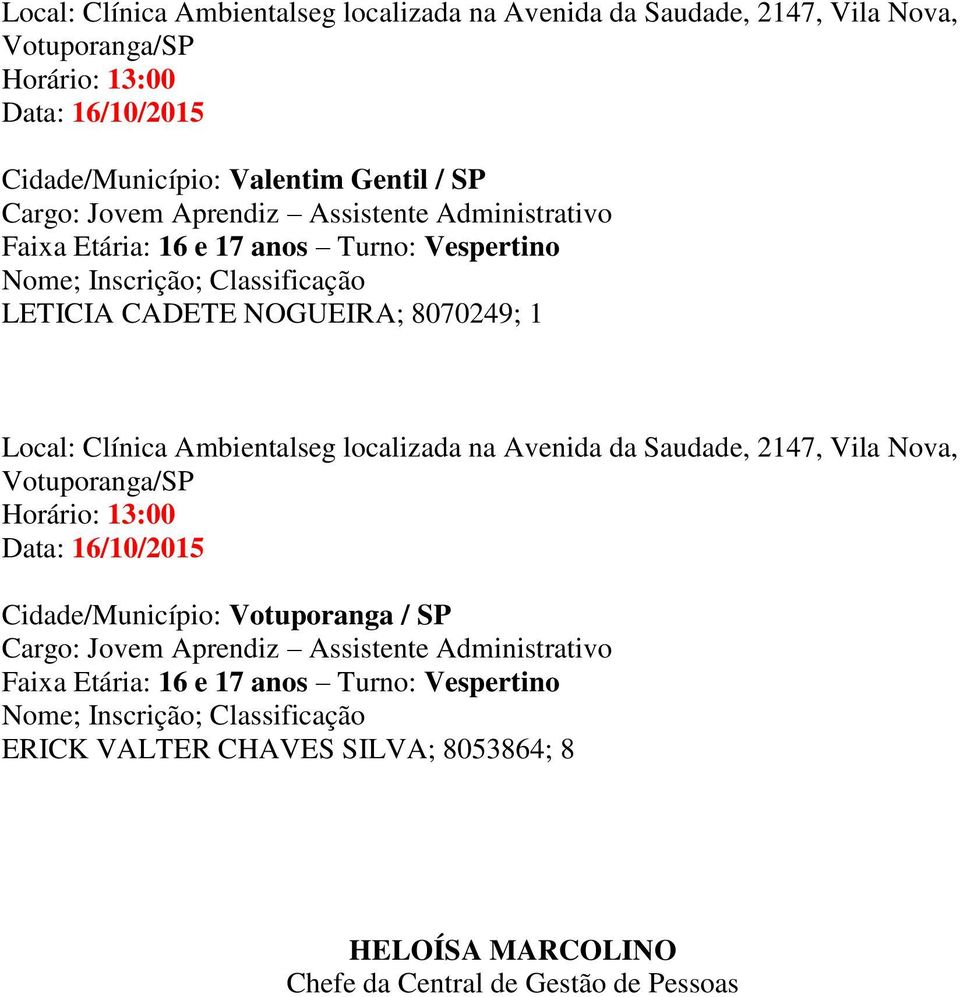Votuporanga / SP ERICK VALTER CHAVES SILVA; 8053864; 8 HELOÍSA MARCOLINO Chefe da Central de Gestão de