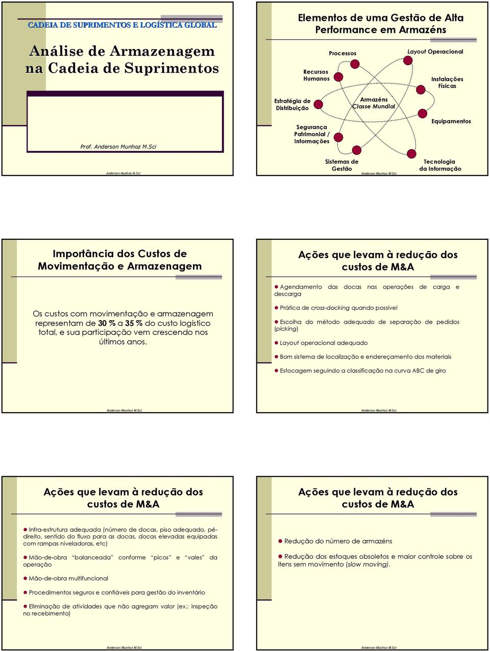 Segurança Patrimonial / Informações Equipamentos Sistemas de Gestão Tecnologia da Informação Importância dos Custos de Movimentação e Armazenagem Ações que levam à redução dos custos de M&A