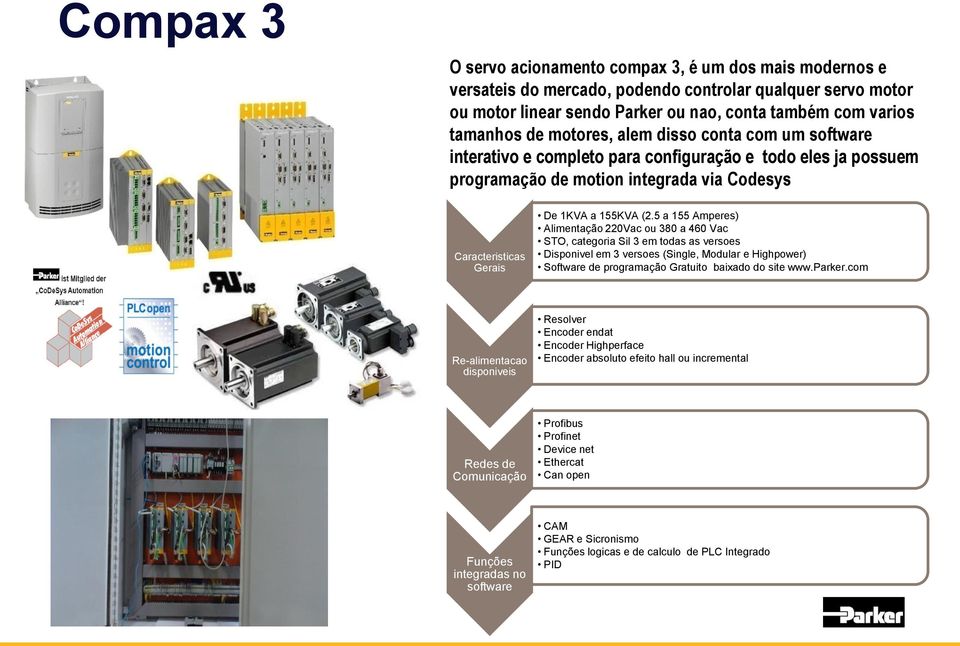 5 a 155 Amperes) Alimentação 220Vac ou 380 a 460 Vac STO, categoria Sil 3 em todas as versoes Disponivel em 3 versoes (Single, Modular e Highpower) Software de programação Gratuito baixado do site