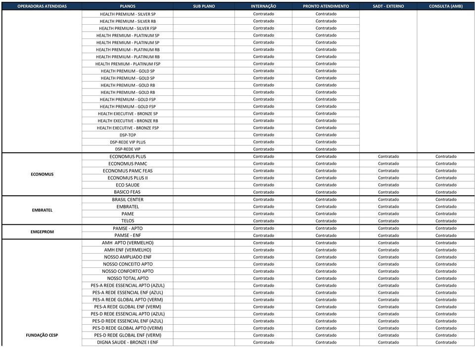 HEALTH EXECUTIVE BRONZE SP HEALTH EXECUTIVE BRONZE RB HEALTH EXECUTIVE BRONZE FSP DSP TOP DSP REDE VIP PLUS DSP REDE VIP ECONOMUS PLUS ECONOMUS PAMC ECONOMUS PAMC FEAS ECONOMUS PLUS II ECO SAUDE