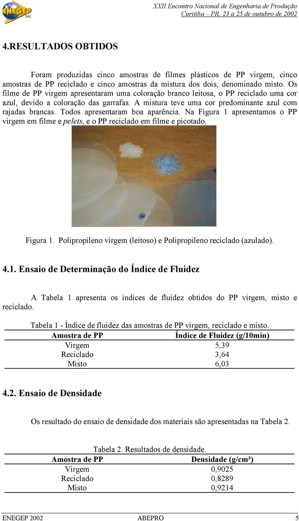 Todos apresentaram boa aparência. Na Figura 1 apresentamos o PP virgem em filme e pelets, e o PP reciclado em filme e picotado. Figura 1. Polipropileno virgem (leitoso) e Polipropileno reciclado (azulado).