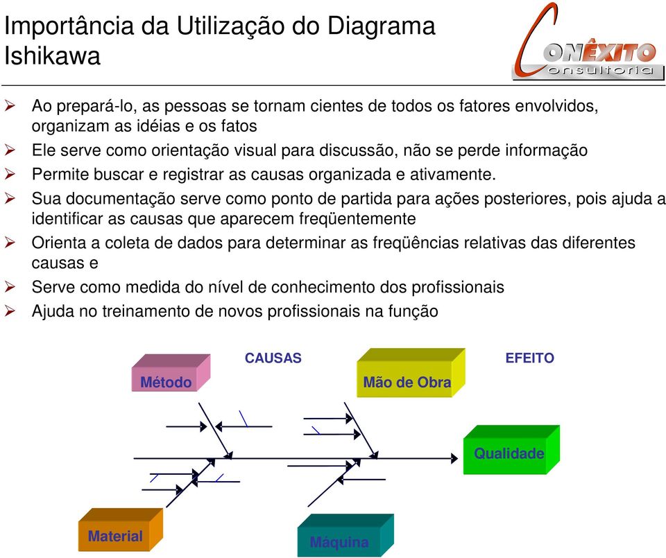 Sua documentação serve como ponto de partida para ações posteriores, pois ajuda a identificar as causas que aparecem freqüentemente Orienta a coleta de dados para