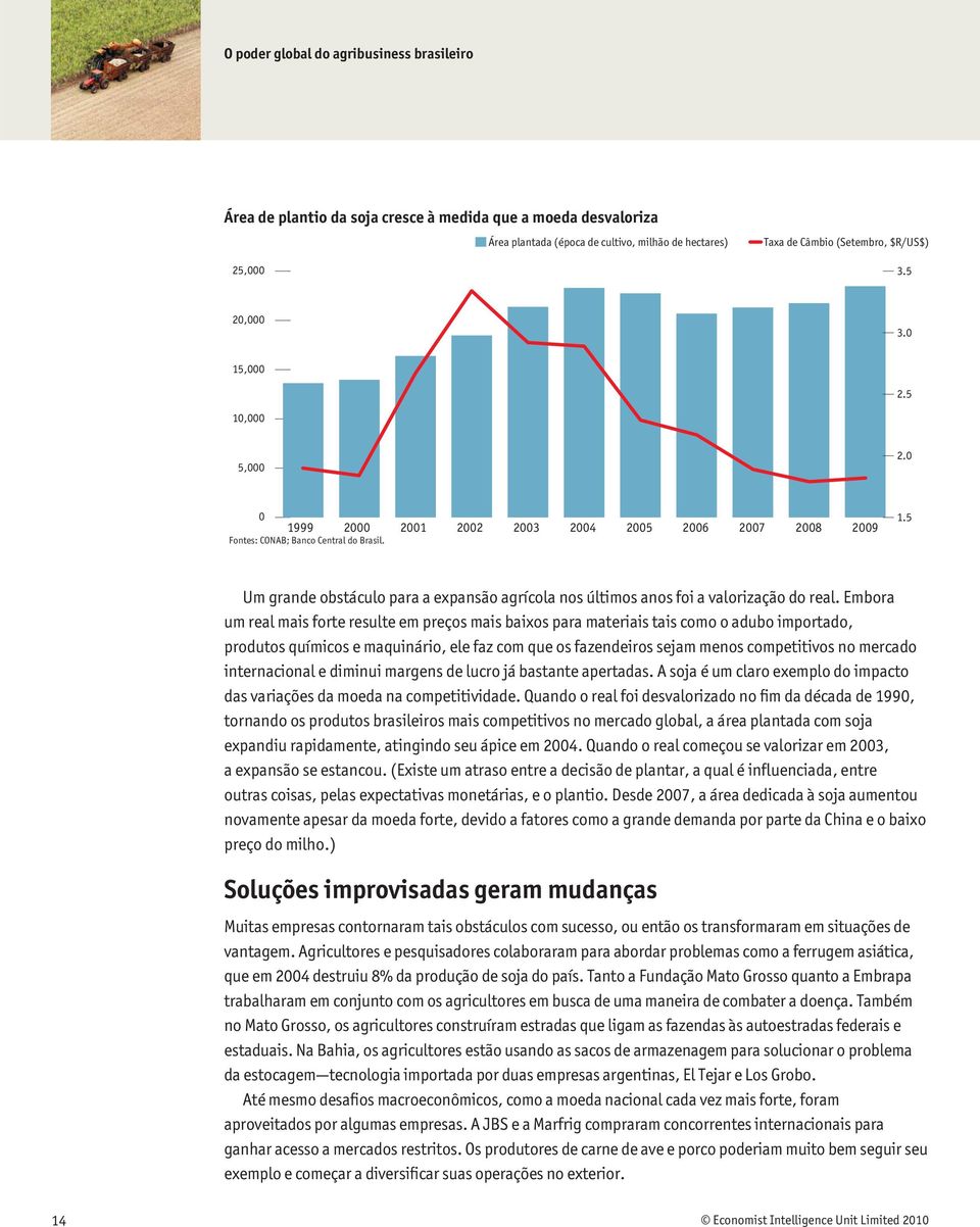 Embora um real mais forte resulte em preços mais baixos para materiais tais como o adubo importado, produtos químicos e maquinário, ele faz com que os fazendeiros sejam menos competitivos no mercado