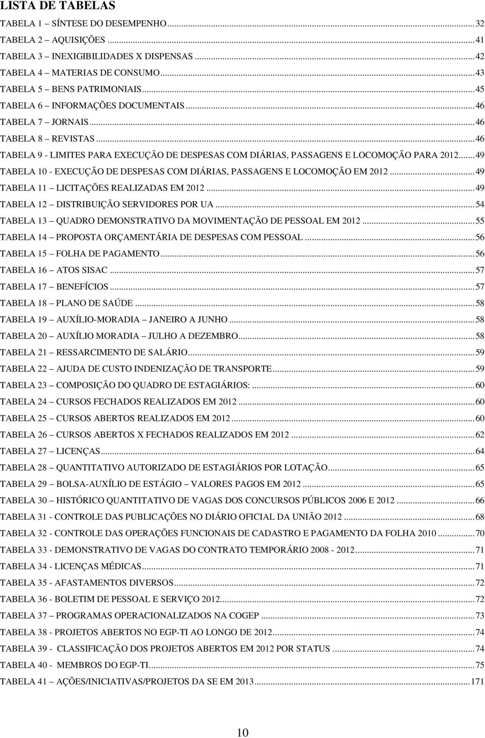 .. 49 TABELA 10 - EXECUÇÃO DE DESPESAS COM DIÁRIAS, PASSAGENS E LOCOMOÇÃO EM 2012... 49 TABELA 11 LICITAÇÕES REALIZADAS EM 2012... 49 TABELA 12 DISTRIBUIÇÃO SERVIDORES POR UA.