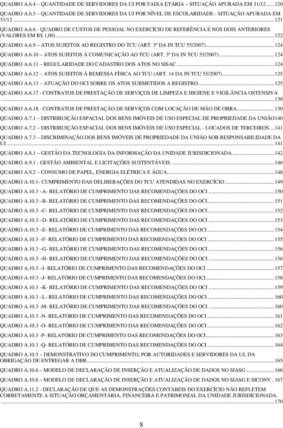 3º DA IN TCU 55/2007)... 124 QUADRO A.6.10 ATOS SUJEITOS À COMUNICAÇÃO AO TCU (ART. 3º DA IN TCU 55/2007)... 124 QUADRO A.6.11 REGULARIDADE DO CADASTRO DOS ATOS NO SISAC... 124 QUADRO A.6.12 ATOS SUJEITOS À REMESSA FÍSICA AO TCU (ART.