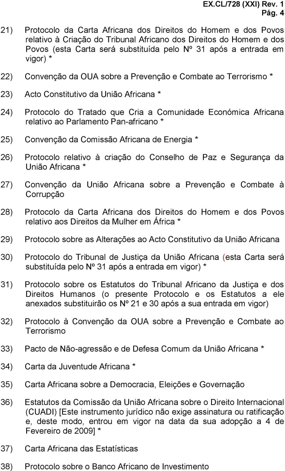 relativo ao Parlamento Pan-africano * 25) Convenção da Comissão Africana de Energia * 26) Protocolo relativo à criação do Conselho de Paz e Segurança da União Africana * 27) Convenção da União