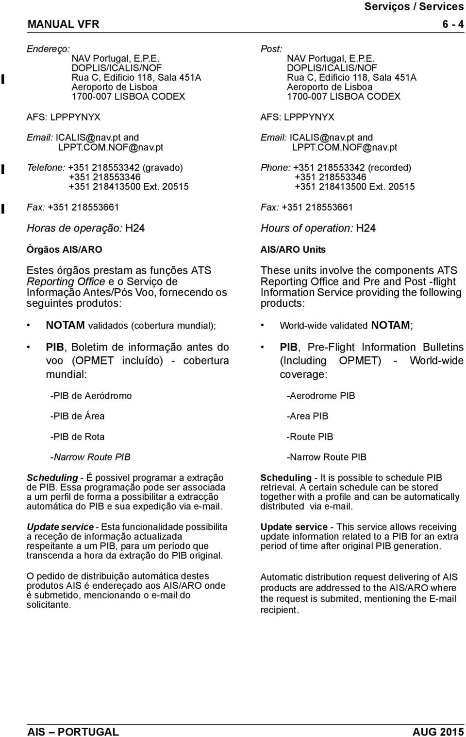 pt and LPPT.COM.NOF@nav.pt Phone: +351 218553342 (recorded) +351 218553346 +351 218413500 Ext.