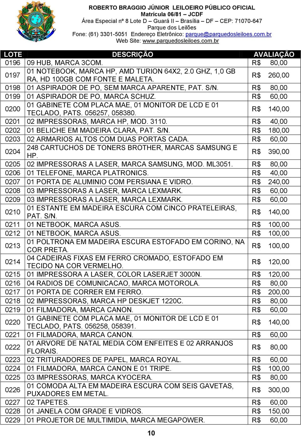 0204 248 CARTUCHOS DE TONERS BROTHER, MARCAS SAMSUNG E HP. R$ 390,00 0205 02 IMPRESSORAS A LASER, MARCA SAMSUNG, MOD. ML3051. 0206 01 TELEFONE, MARCA PLATRONICS.