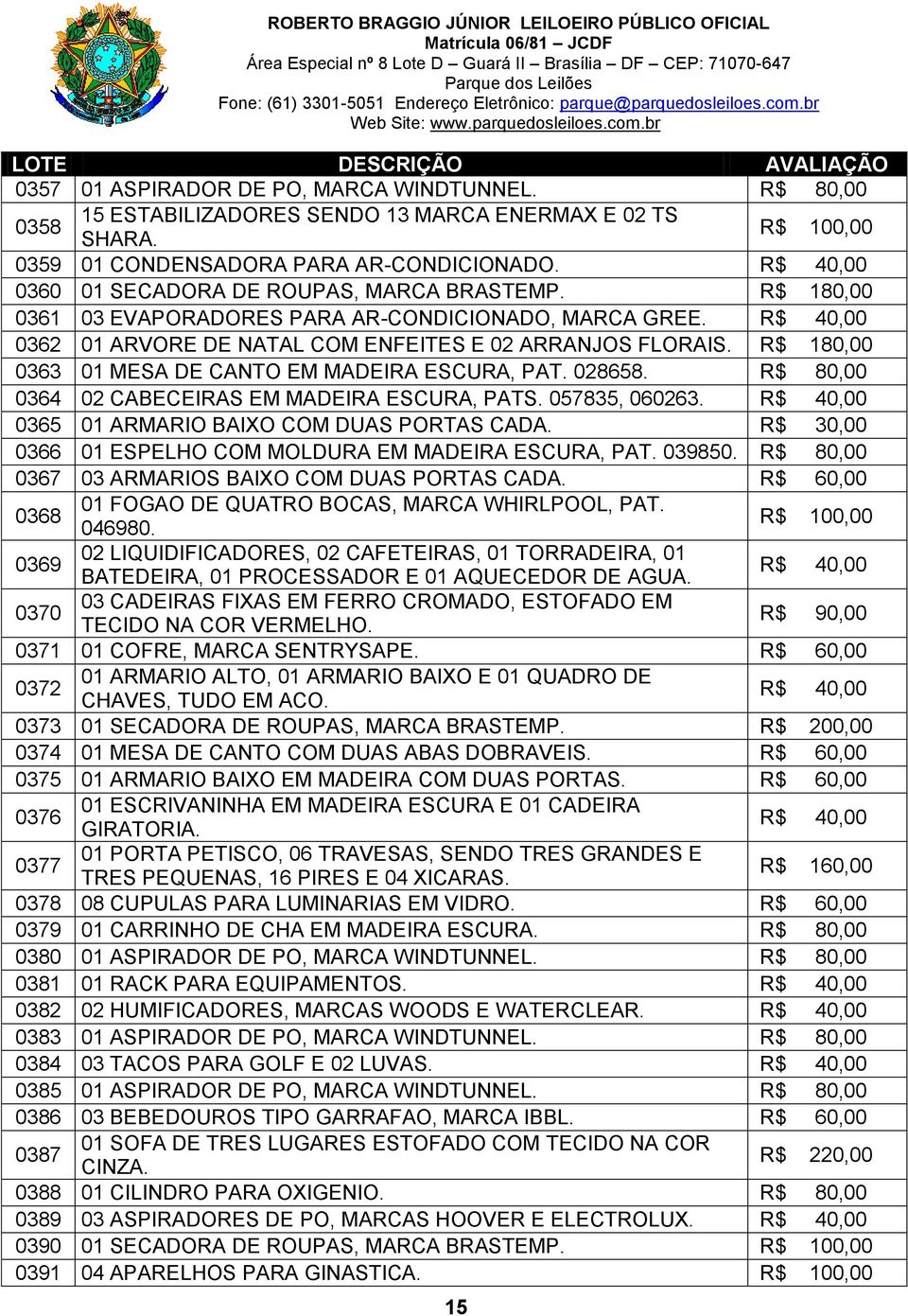 0364 02 CABECEIRAS EM MADEIRA ESCURA, PATS. 057835, 060263. R$ 40,00 0365 01 ARMARIO BAIXO COM DUAS PORTAS CADA. R$ 30,00 0366 01 ESPELHO COM MOLDURA EM MADEIRA ESCURA, PAT. 039850.