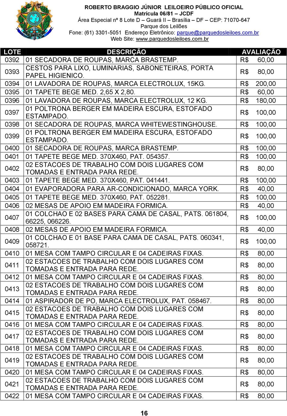 0398 01 SECADORA DE ROUPAS, MARCA WHITEWESTINGHOUSE. 0399 01 POLTRONA BERGER EM MADEIRA ESCURA, ESTOFADO ESTAMPADO. 0400 01 SECADORA DE ROUPAS, MARCA BRASTEMP. 0401 01 TAPETE BEGE MED. 370X460, PAT.