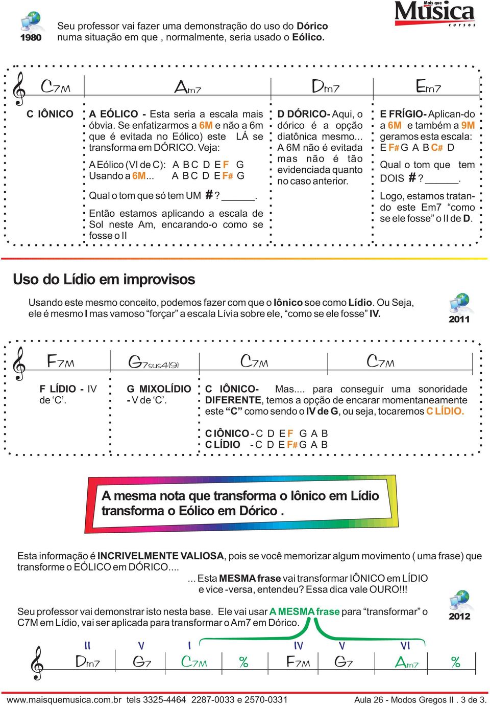 Veja: AEólico (VI de C): A B C D E F G Usando a 6M... A B C D E F# G Qual o tom que só tem UM?