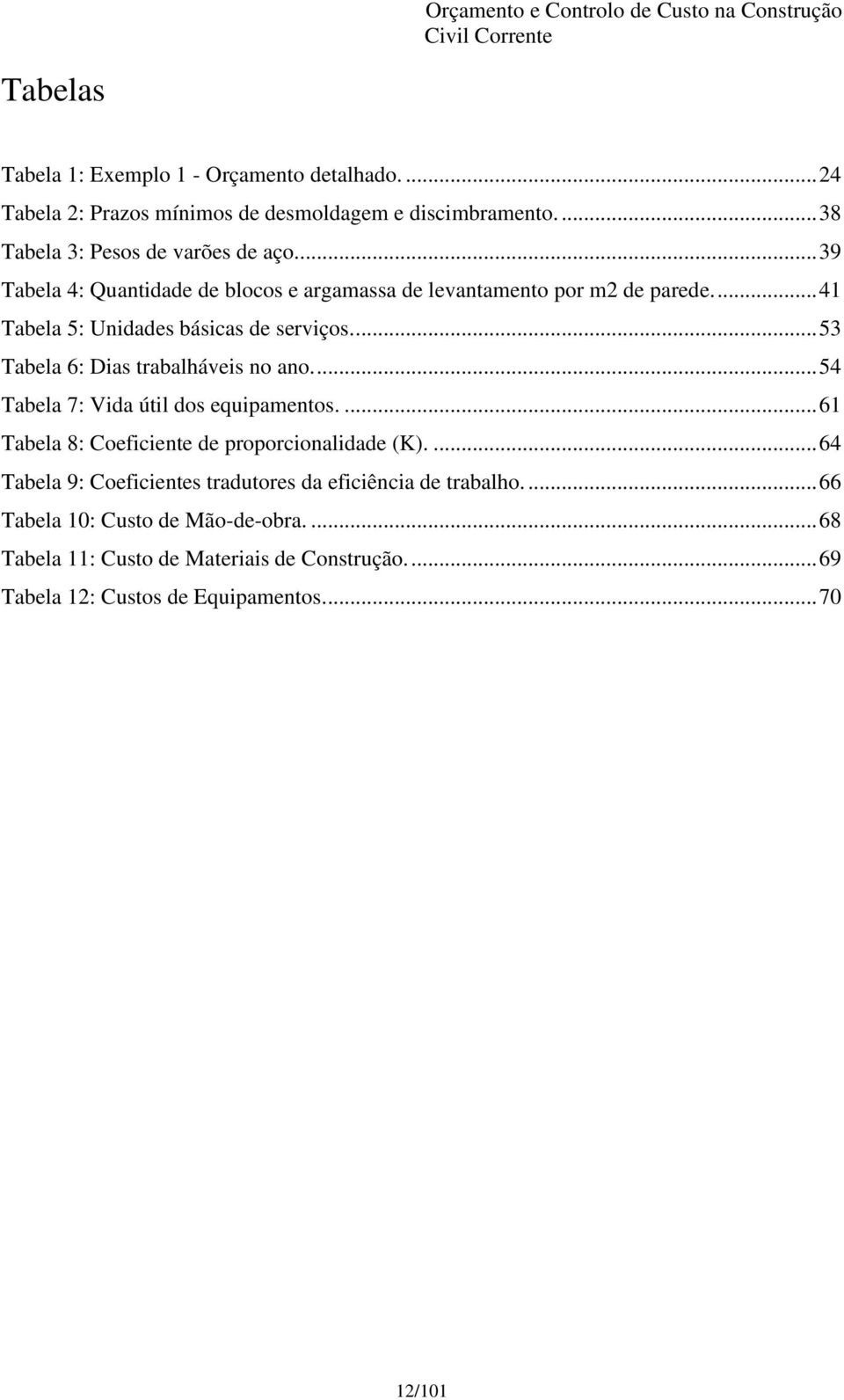 ... 53 Tabela 6: Dias trabalháveis no ano.... 54 Tabela 7: Vida útil dos equipamentos.... 61 Tabela 8: Coeficiente de proporcionalidade (K).