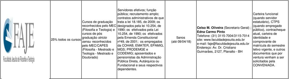 09/04/18) Celso M. Oliveira (Secretario Geral) ; Edna Carmo Pinto Telefone: (31) 3115-7004/3115-7014 site: www.