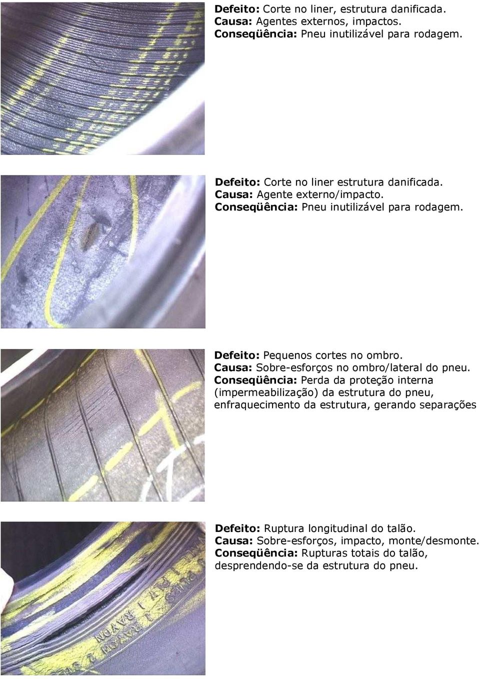 Causa: Sobre-esforços no ombro/lateral do (impermeabilização) da estrutura do pneu, enfraquecimento da estrutura,