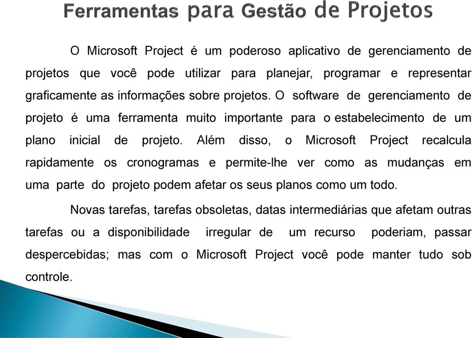 Além disso, o Microsoft Project recalcula rapidamente os cronogramas e permite-lhe ver como as mudanças em uma parte do projeto podem afetar os seus planos como um todo.