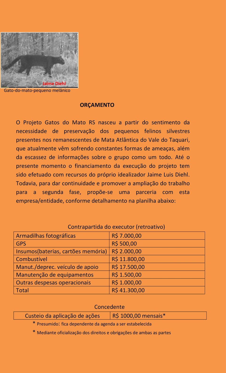 Até o presente momento o financiamento da execução do projeto tem sido efetuado com recursos do próprio idealizador Jaime Luis Diehl.