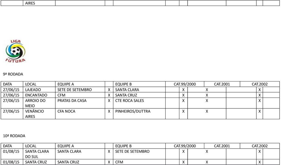 SALES X X X 27/06/15 VENÂNCIO CFA NOCA X PINHEIROS/DUTTRA X X X 10ª RODADA