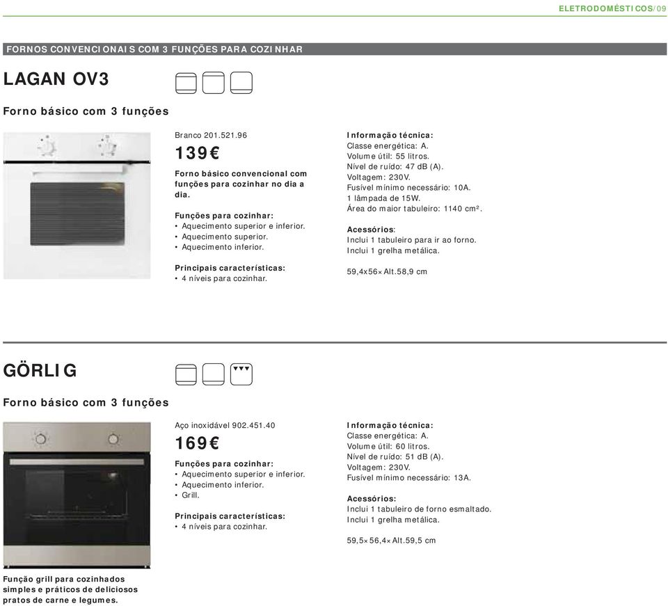 Voltagem: 230V. Fusível mínimo necessário: 10A. 1 lâmpada de 15W. Área do maior tabuleiro: 1140 cm². Acessórios: Inclui 1 tabuleiro para ir ao forno. Inclui 1 grelha metálica. 59,4x56 Alt.