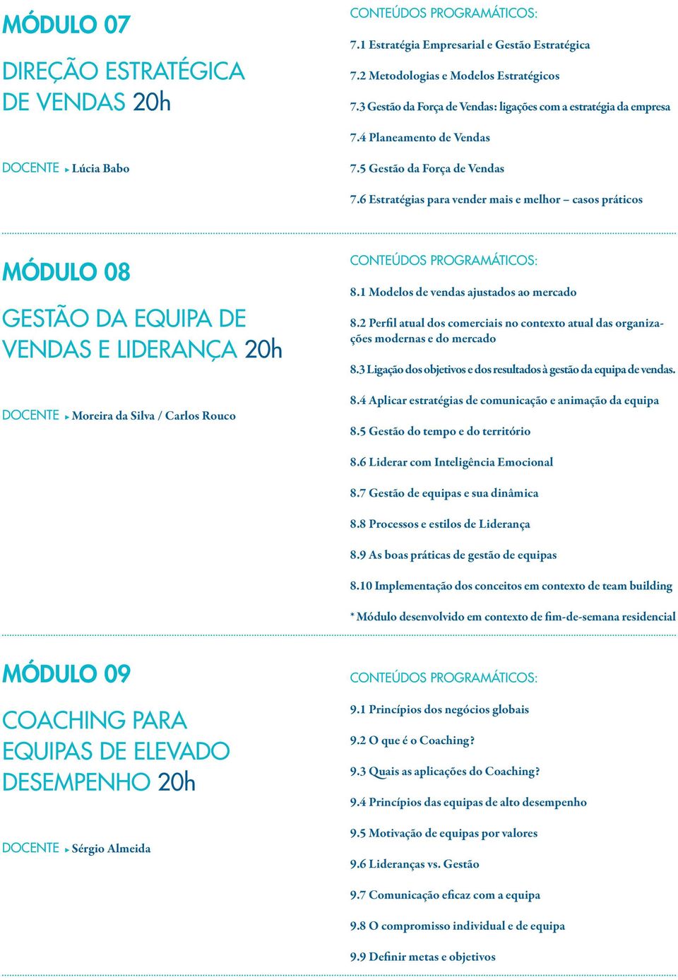 6 Estratégias para vender mais e melhor casos práticos MÓDULO 08 GESTÃO DA EQUIPA DE VENDAS E LIDERANÇA 20h DOCENTE Moreira da Silva / Carlos Rouco 8.1 Modelos de vendas ajustados ao mercado 8.