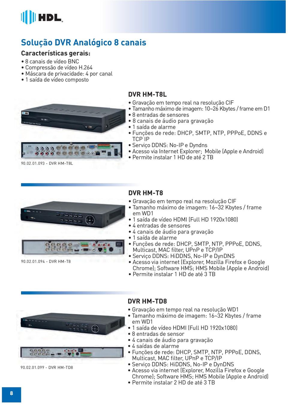 Funções de rede: DHCP, SMTP, NTP, PPPoE, DDNS e TCP IP Serviço DDNS: No-IP e Dyndns Acesso via Internet Explorer; Mobile (Apple e Android) Permite instalar 1 HD de até 2 TB 90.02.01.