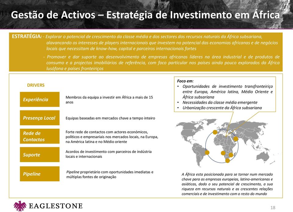 suporte ao desenvolvimento de empresas africanas líderes na área industrial e de produtos de consumo e a projectos imobiliários de referência, com foco particular nos países ainda pouco explorados da