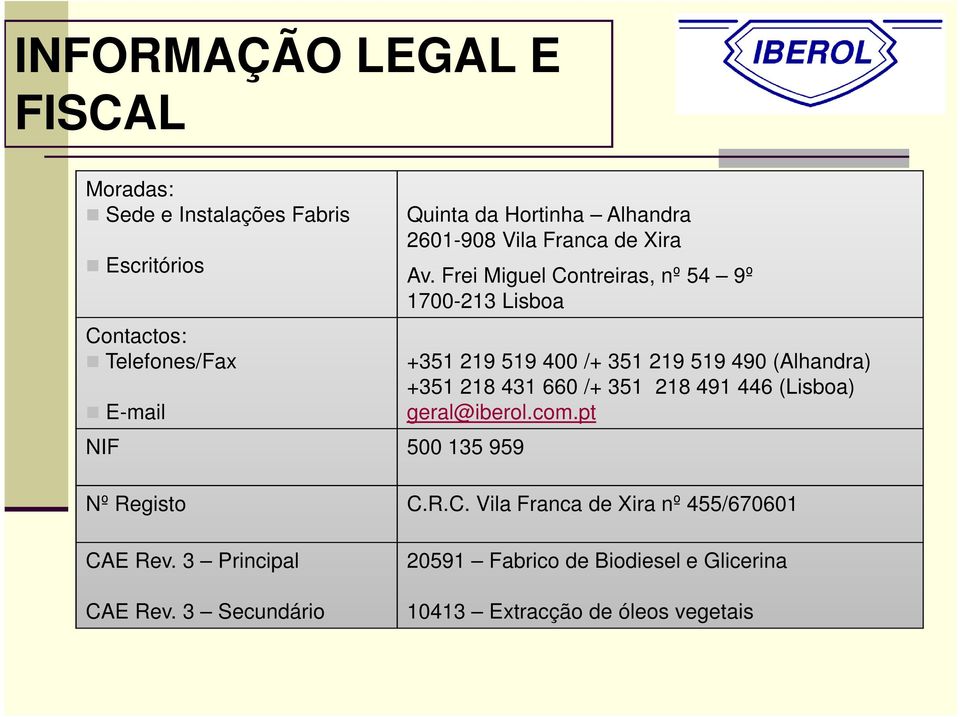 Frei Miguel Contreiras, nº 54 9º 1700-213 Lisboa +351 219 519 400 /+ 351 219 519 490 (Alhandra) +351 218 431 660 /+ 351 218 491