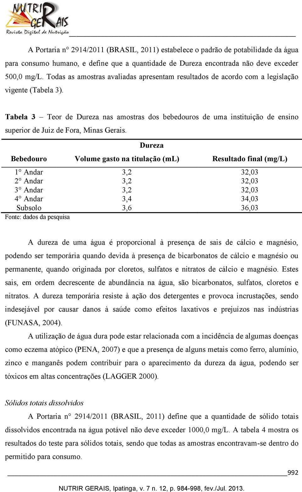 Tabela 3 Teor de Dureza nas amostras dos bebedouros de uma instituição de ensino superior de Juiz de Fora, Minas Gerais.