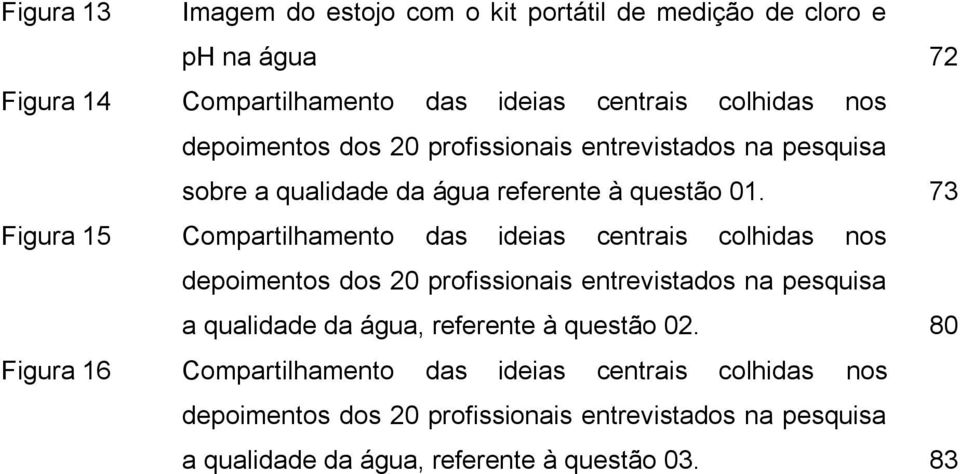 73 Figura 15 Compartilhamento das ideias centrais colhidas nos depoimentos dos 20 profissionais entrevistados na pesquisa a qualidade da água,