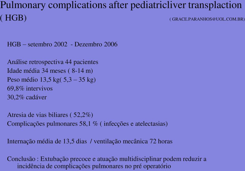 69,8% intervivos 30,2% cadáver Atresia de vias biliares ( 52,2%) Complicações pulmonares 58,1 % ( infecções e atelectasias) Internação