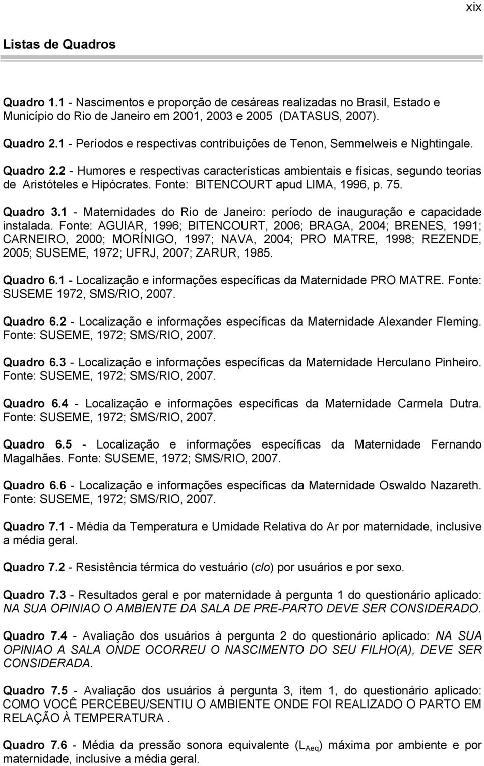 Fonte: BITENCOURT apud LIMA, 1996, p. 75. Quadro 3.1 - Maternidades do Rio de Janeiro: período de inauguração e capacidade instalada.