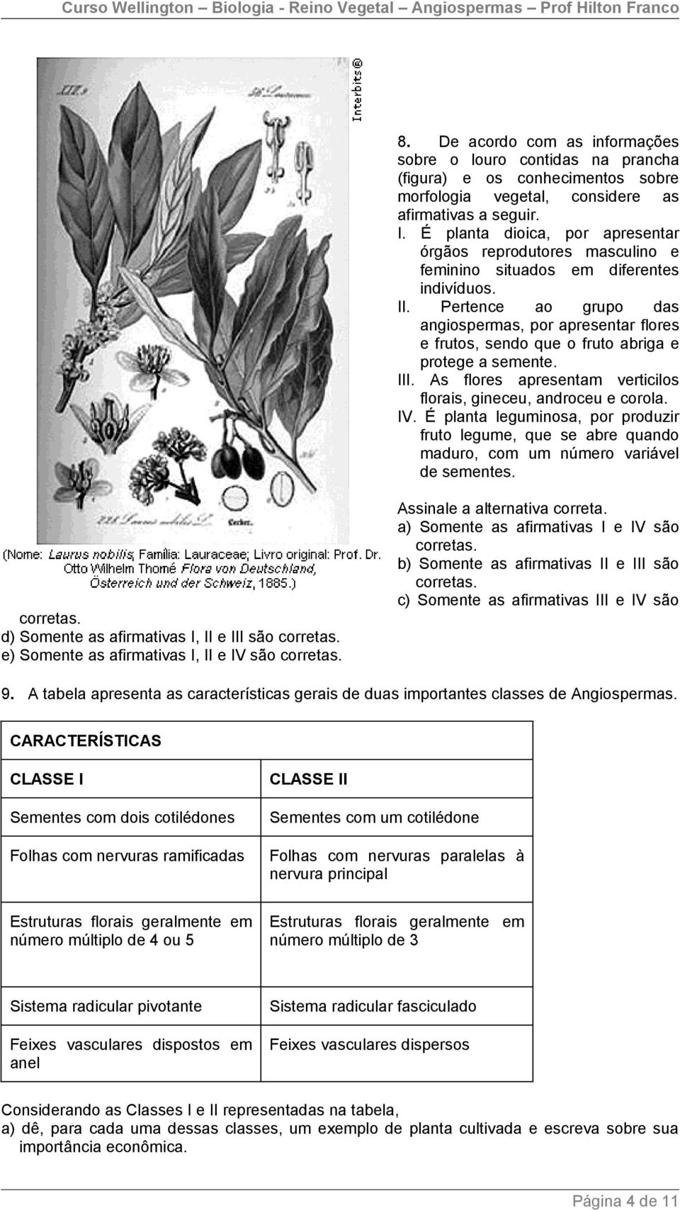 Pertence ao grupo das angiospermas, por apresentar flores e frutos, sendo que o fruto abriga e protege a semente. III. As flores apresentam verticilos florais, gineceu, androceu e corola. IV.