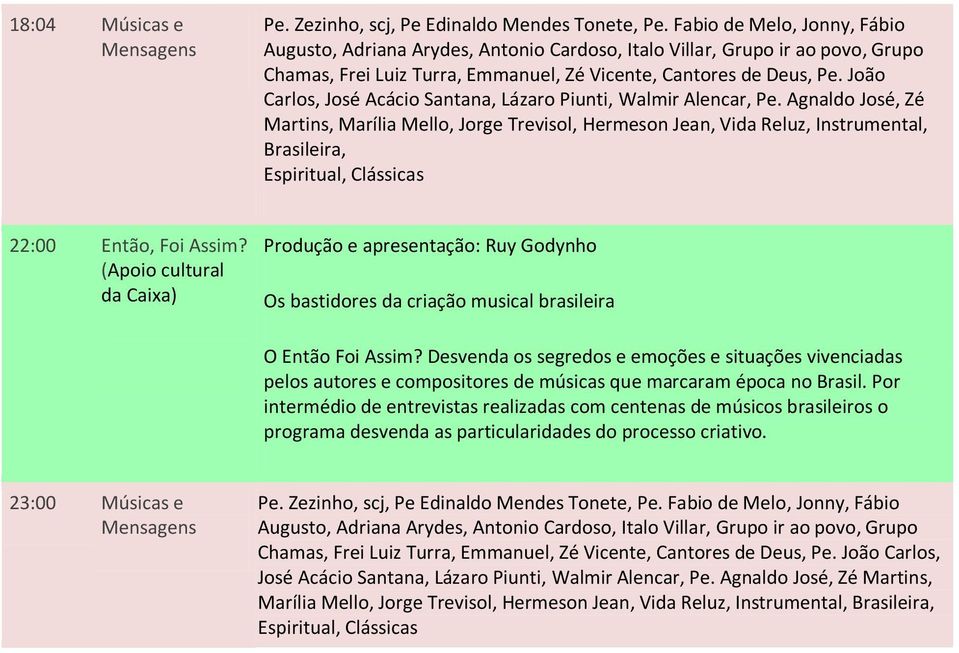 Desvenda os segredos e emoções e situações vivenciadas pelos autores e compositores de músicas que marcaram época no Brasil.