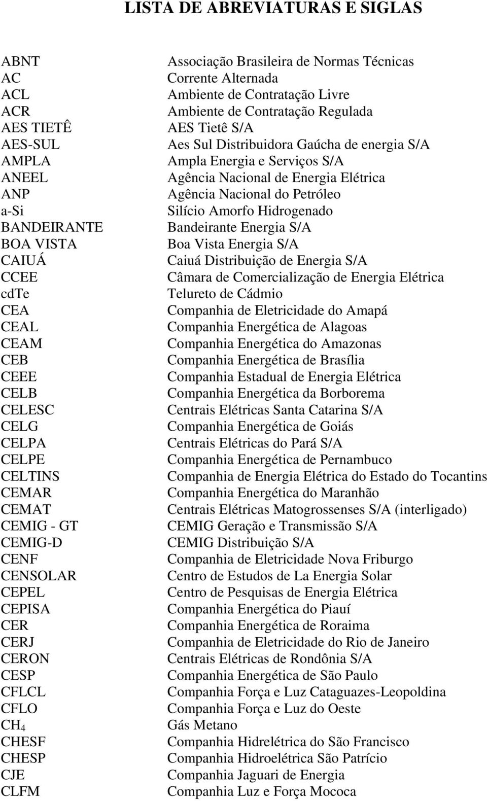 Ambiente de Contratação Regulada AES Tietê S/A Aes Sul Distribuidora Gaúcha de energia S/A Ampla Energia e Serviços S/A Agência Nacional de Energia Elétrica Agência Nacional do Petróleo Silício