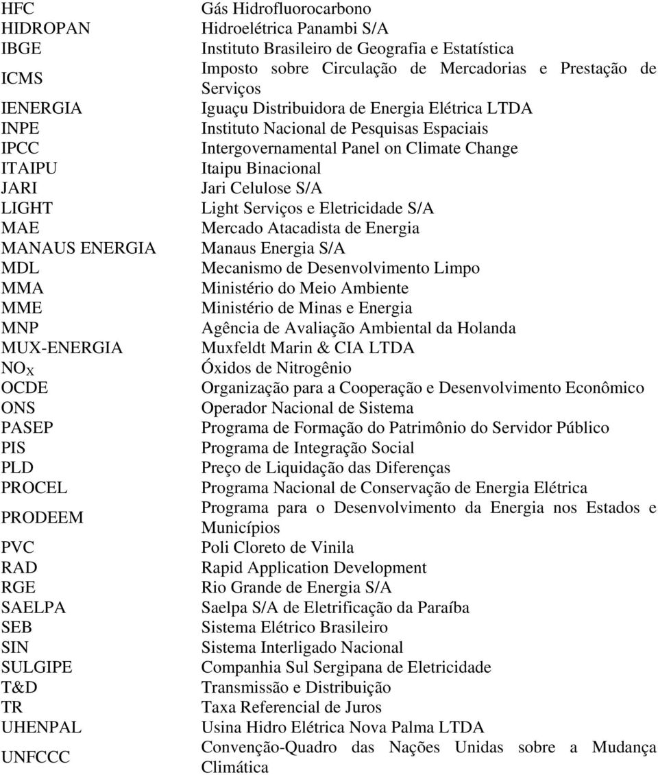 Elétrica LTDA Instituto Nacional de Pesquisas Espaciais Intergovernamental Panel on Climate Change Itaipu Binacional Jari Celulose S/A Light Serviços e Eletricidade S/A Mercado Atacadista de Energia