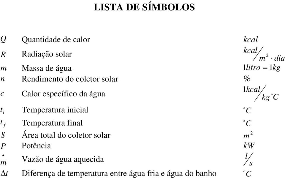 Temperatura inicial C t f Temperatura final C S Área total do coletor solar 2 m P Potência