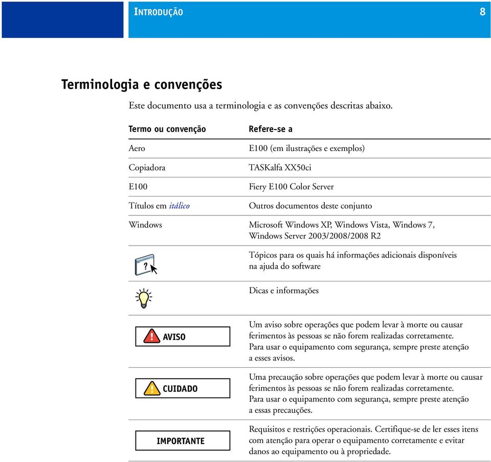 Windows XP, Windows Vista, Windows 7, Windows Server 2003/2008/2008 R2 Tópicos para os quais há informações adicionais disponíveis na ajuda do software Dicas e informações Um aviso sobre operações