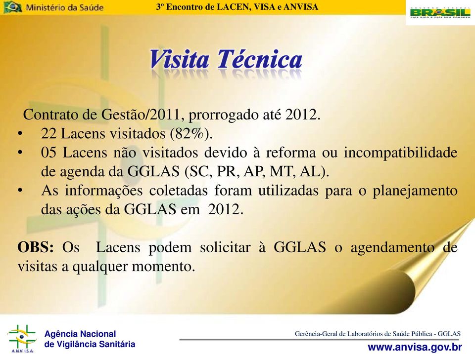 As informações coletadas foram utilizadas para o planejamento das ações da GGLAS em 2012.