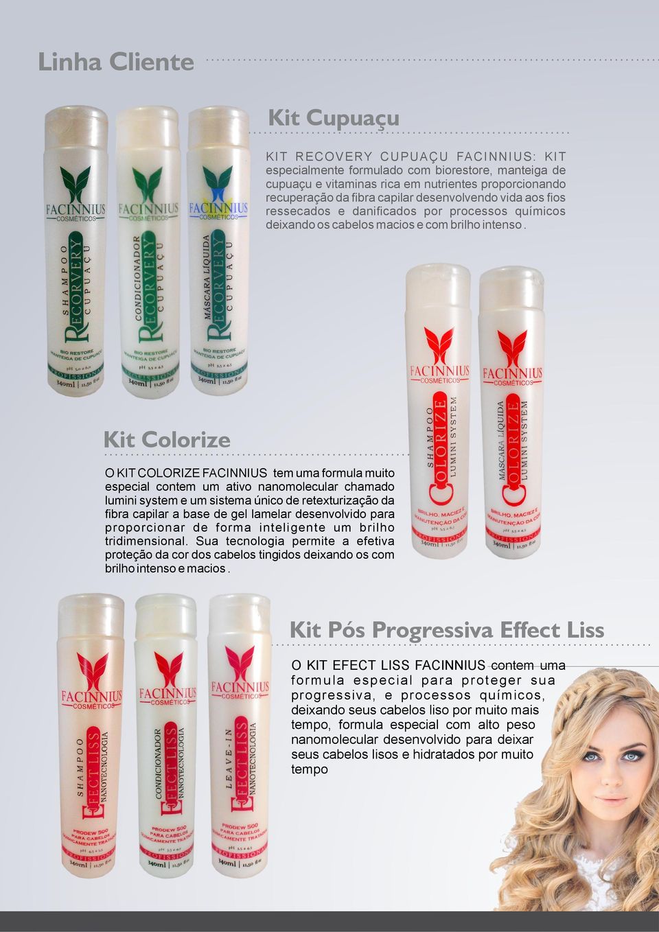 Kit Colorize O KIT COLORIZE FACINNIUS tem uma formula muito especial contem um ativo nanomolecular chamado lumini system e um sistema único de retexturização da ﬁbra capilar a base de gel lamelar