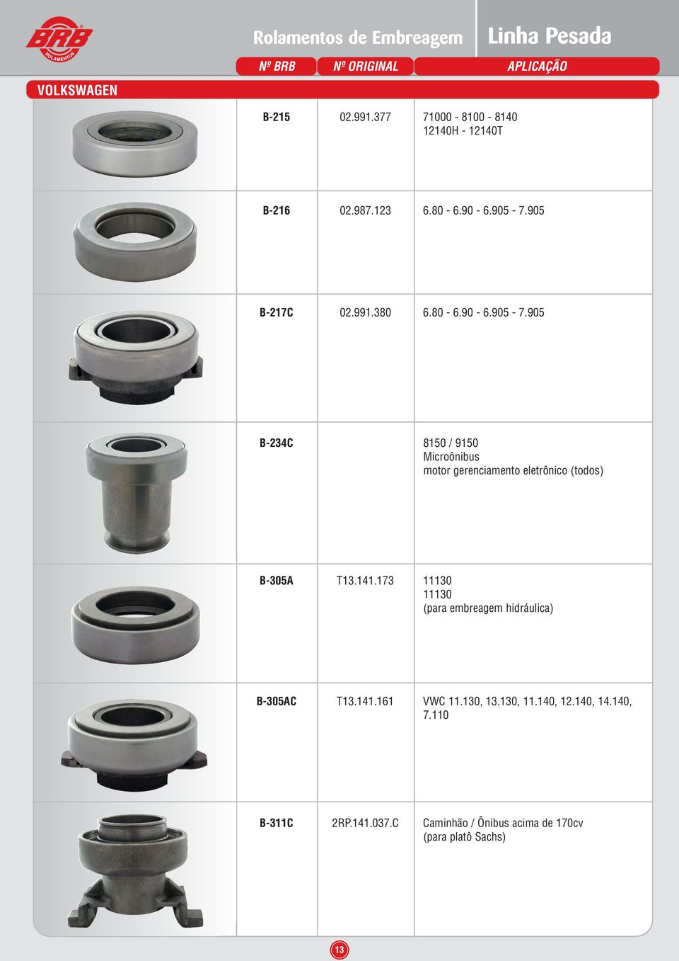 141.173 11130 11130 (para embreagem hidráulica) B-305AC T13.141.161 VWC 11.130, 13.130, 11.140, 12.140, 14.