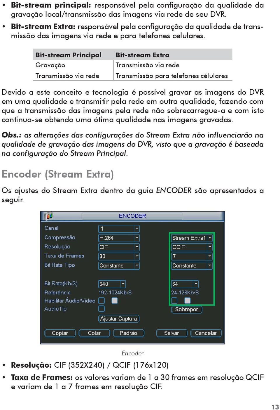 Bit-stream Principal Gravação Transmissão via rede Bit-stream Extra Transmissão via rede Transmissão para telefones célulares Devido a este conceito e tecnologia é possível gravar as imagens do DVR