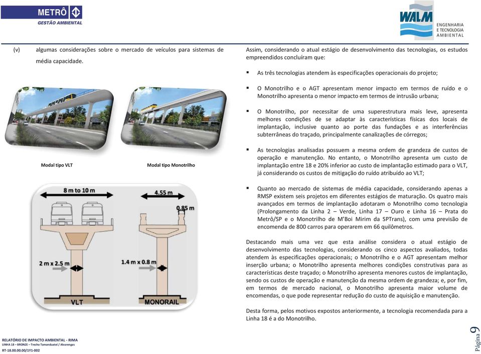 AGT apresentam menor impacto em termos de ruído e o Monotrilho apresenta o menor impacto em termos de intrusão urbana; O Monotrilho, por necessitar de uma superestrutura mais leve, apresenta melhores