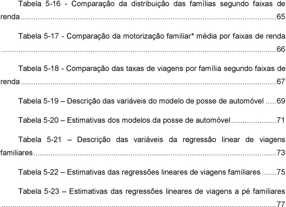.. 67 Tabela 5-19 Descrição das variáveis do modelo de posse de automóvel... 69 Tabela 5-20 Estimativas dos modelos da posse de automóvel.