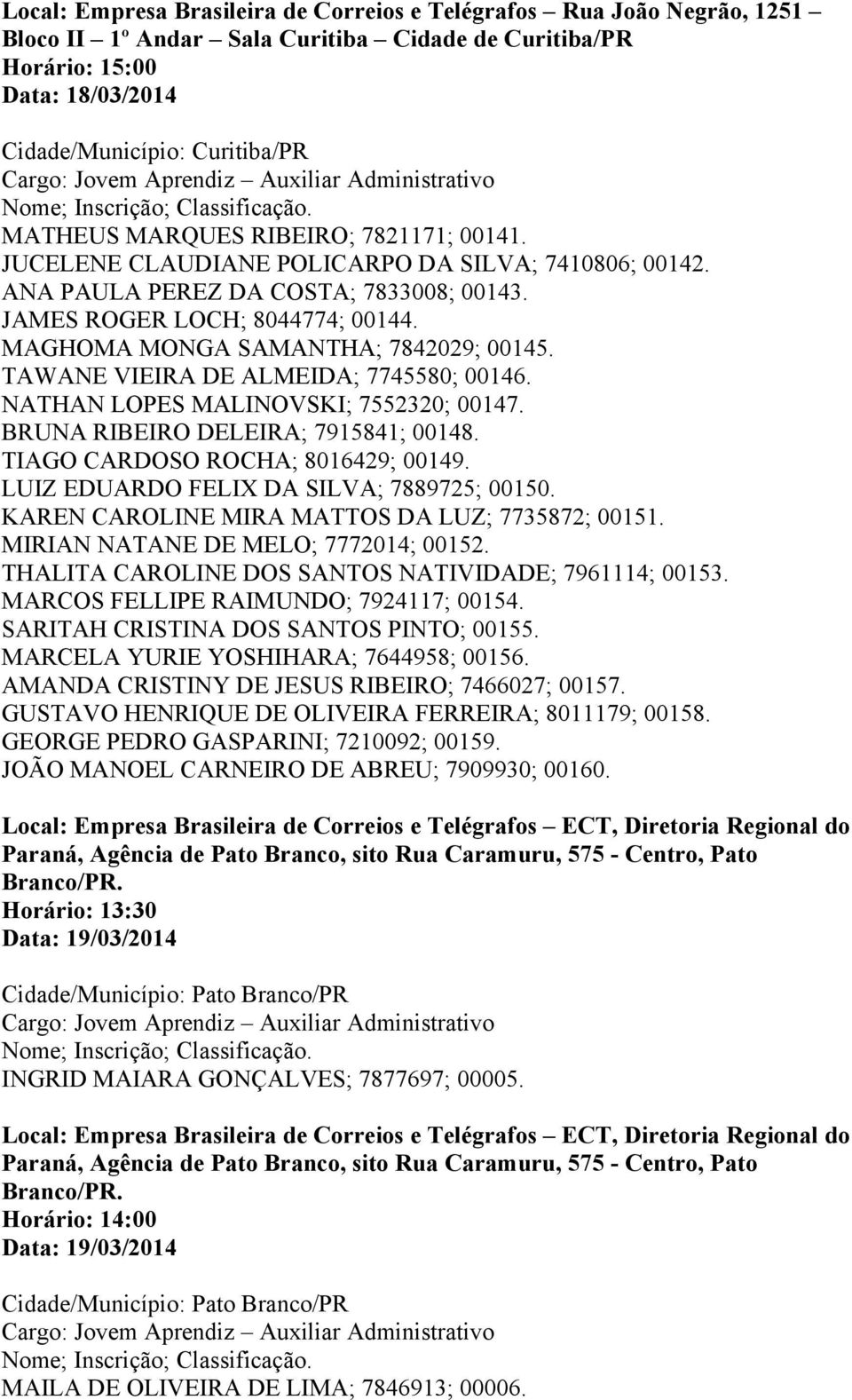 MAGHOMA MONGA SAMANTHA; 7842029; 00145. TAWANE VIEIRA DE ALMEIDA; 7745580; 00146. NATHAN LOPES MALINOVSKI; 7552320; 00147. BRUNA RIBEIRO DELEIRA; 7915841; 00148. TIAGO CARDOSO ROCHA; 8016429; 00149.