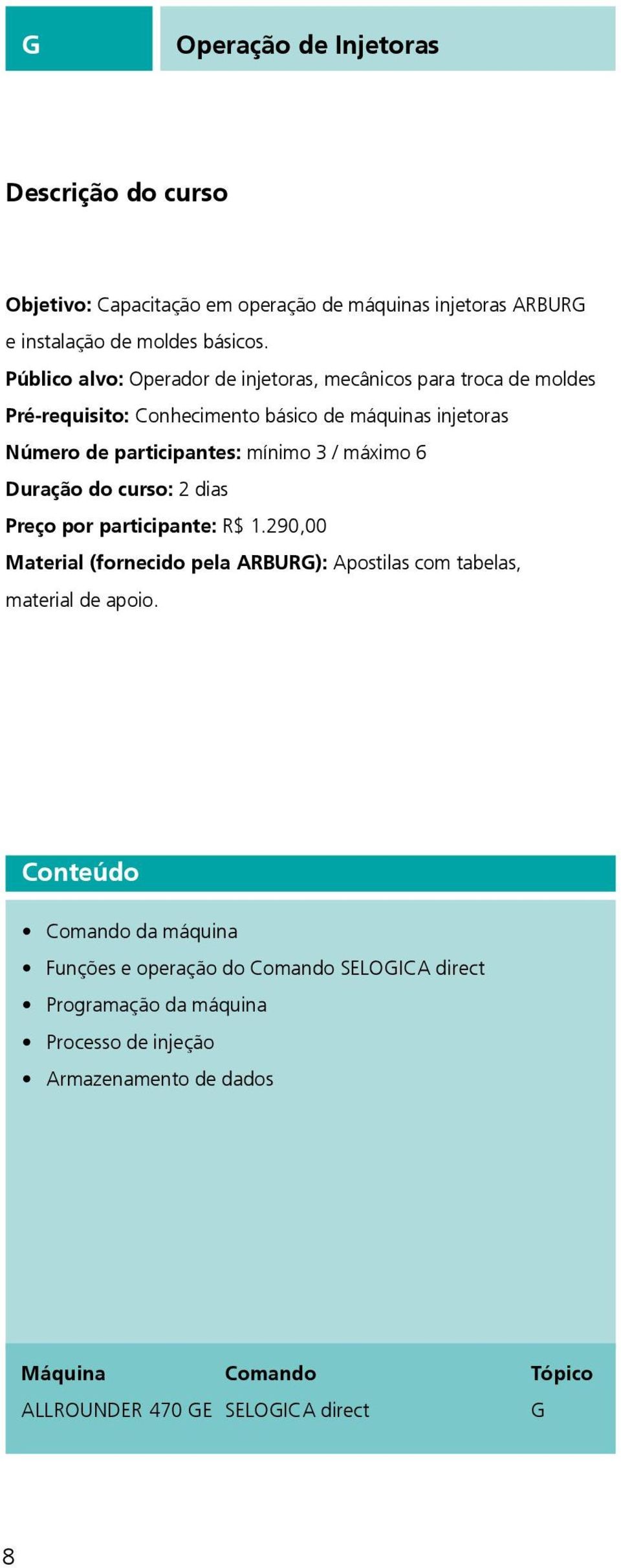 máximo 6 Duração do curso: 2 dias Preço por participante: R$ 1.290,00 Material (fornecido pela ARBURG): Apostilas com tabelas, material de apoio.