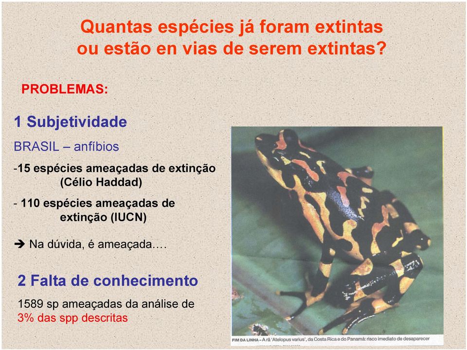 extinção (Célio Haddad) - 110 espécies ameaçadas de extinção (IUCN) Na