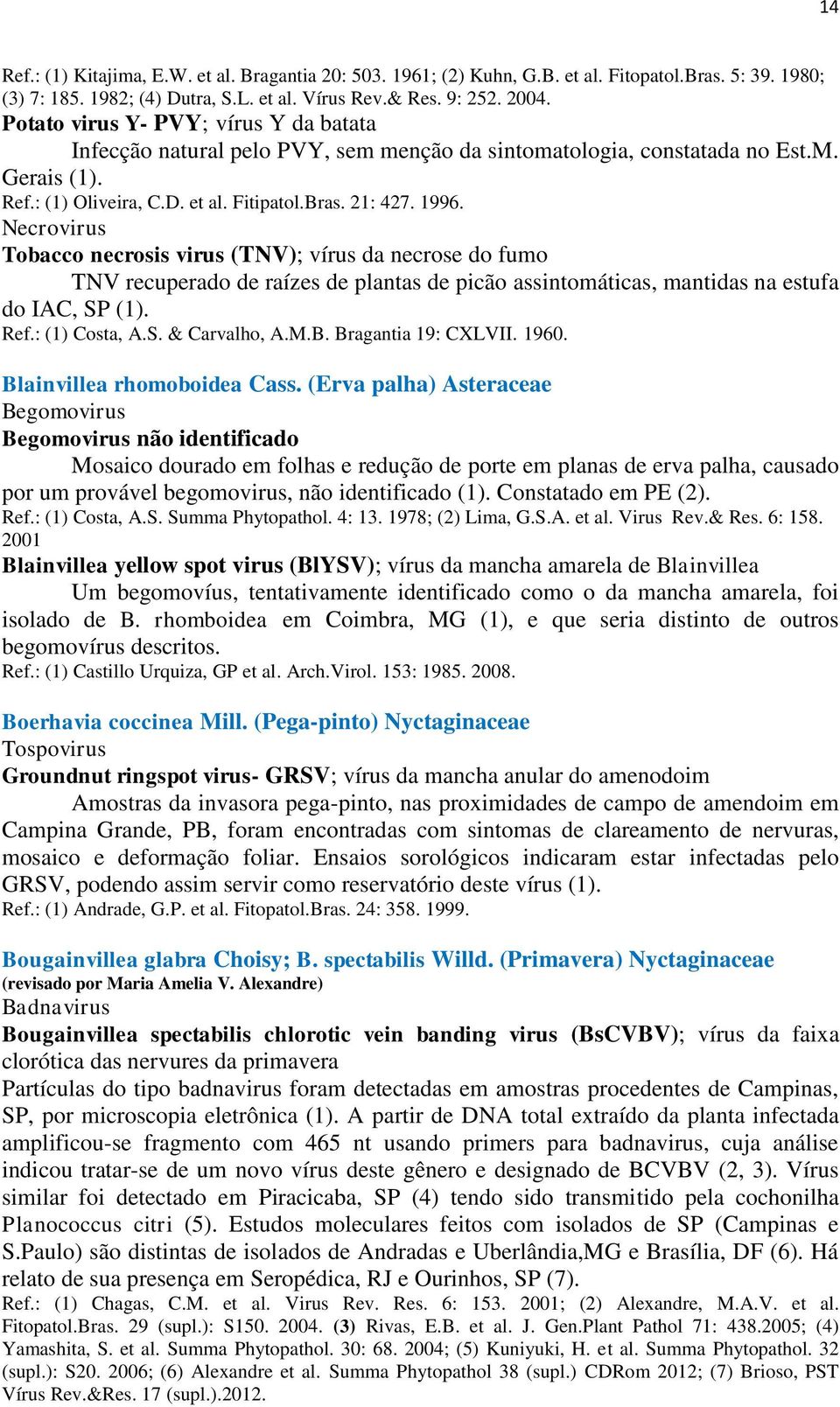 Necrovirus Tobacco necrosis virus (TNV); vírus da necrose do fumo TNV recuperado de raízes de plantas de picão assintomáticas, mantidas na estufa do IAC, SP (1). Ref.: (1) Costa, A.S. & Carvalho, A.M.