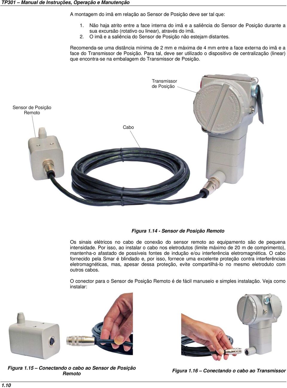 O imã e a saliência do Sensor de Posição não estejam distantes. Recomenda-se uma distância mínima de 2 mm e máxima de 4 mm entre a face externa do imã e a face do Transmissor de Posição.