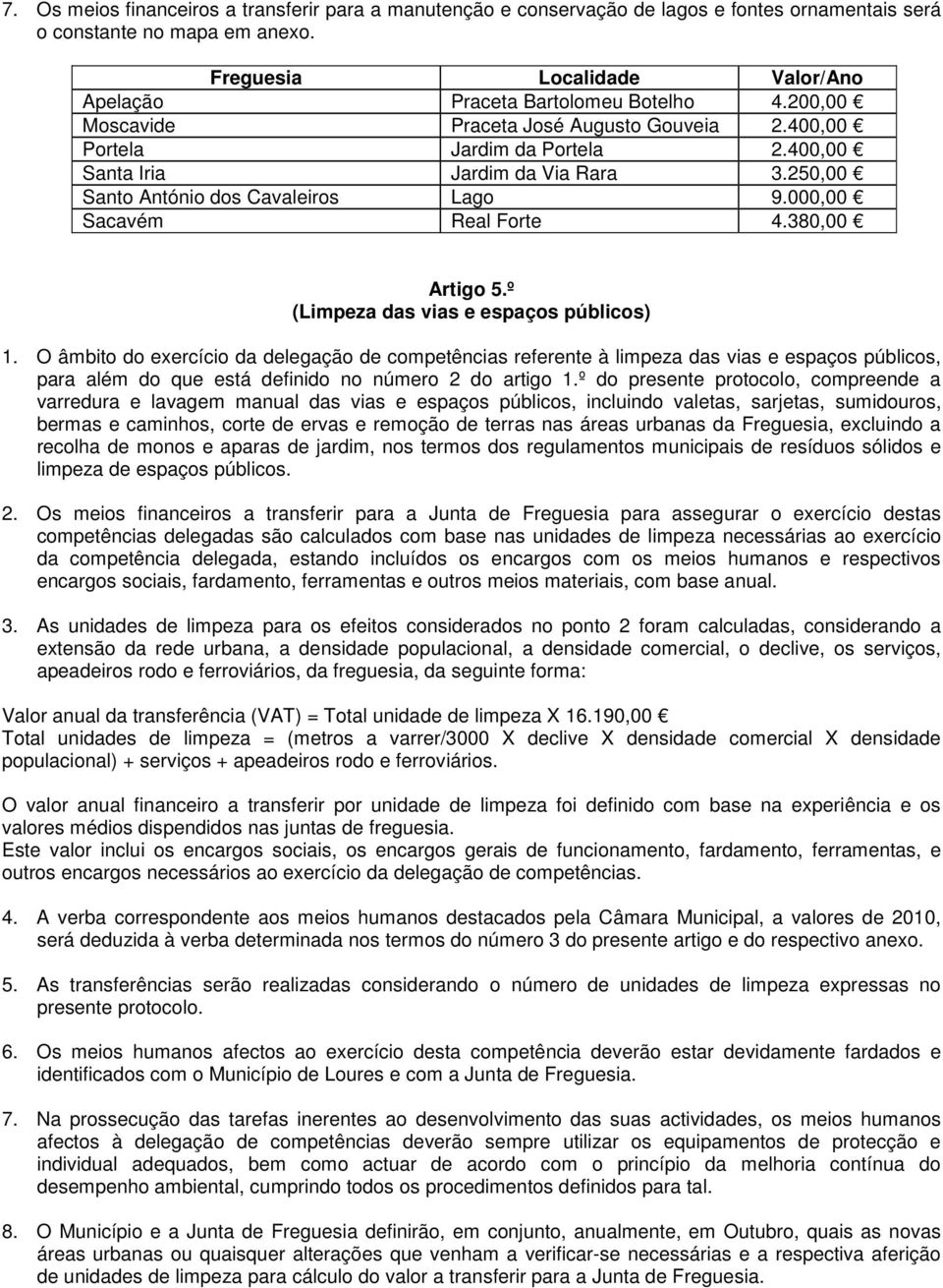 250,00 Santo ntónio dos Cavaleiros Lago 9.000,00 Sacavém Real Forte 4.380,00 rtigo 5.º (Limpeza das vias e espaços públicos) 1.